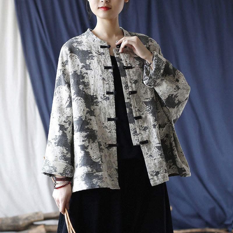Black Gray Print Frog-button Design Long Sleeve Cotton Linen Jacket Shirt With Pockets