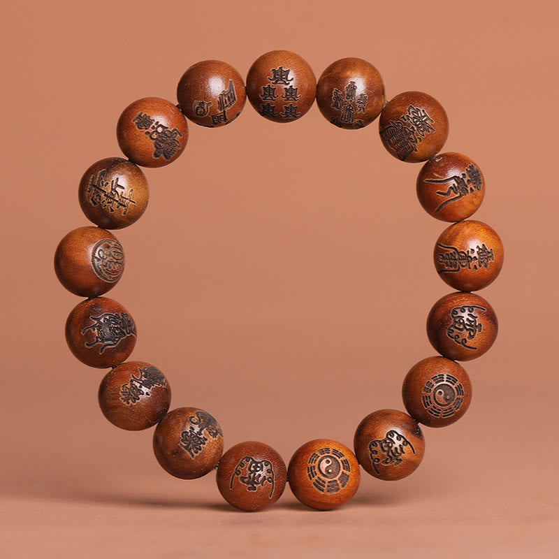 Lightning Struck Jujube Wood Yin Yang Bagua Taoist Taboo Scripture Symbol Engraved Luck Bracelet