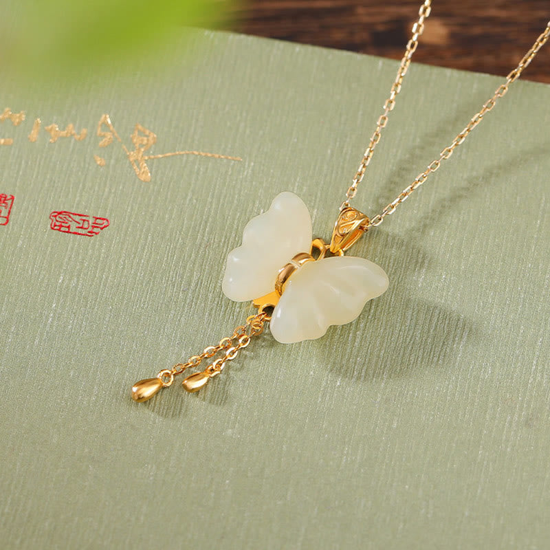 925 Sterling Silver Plated Gold Hetian White Jade Butterfly Blessing Necklace Pendant