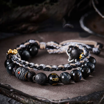 Handmade 925 Sterling Silver Gold Plated Lava Stone, Eagle's Eye & Black Agate Om Mani Beaded Bracelet