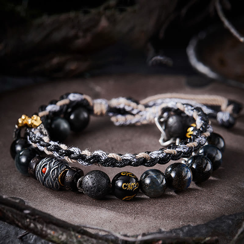 Handmade 925 Sterling Silver Gold Plated Lava Stone, Eagle's Eye & Black Agate Om Mani Beaded Bracelet