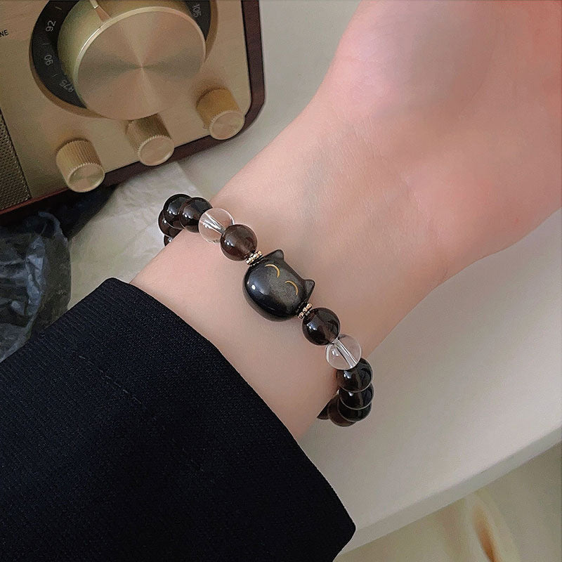 Natural Ice & Silver Sheen Obsidian Lucky Cat Bracelet with Clear Quartz and Copper