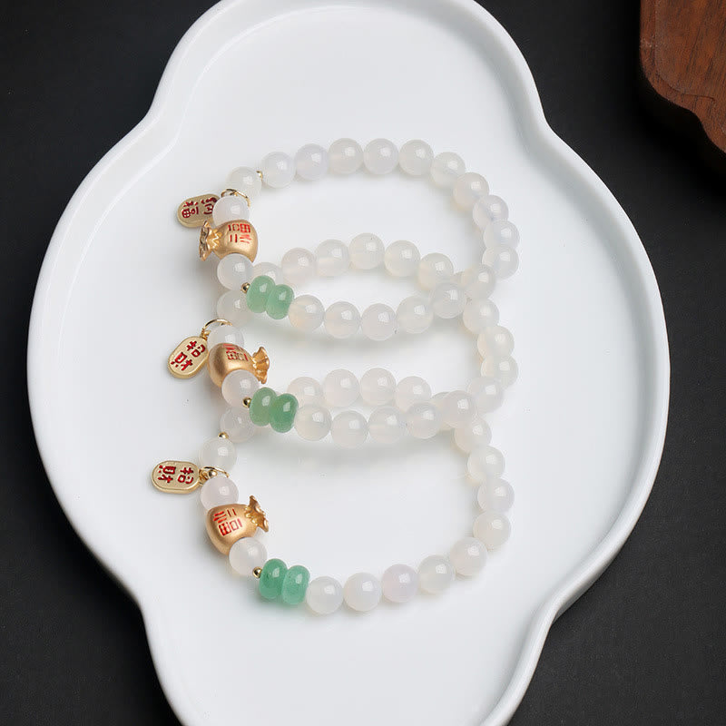 Natural White Agate Red Agate Money Bag Fu Character Four Leaf Clover Protection Bracelet
