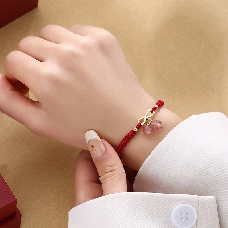 Adjustable Strawberry Quartz Crystal, Copper & Endless Knot Red String Woven Bracelet