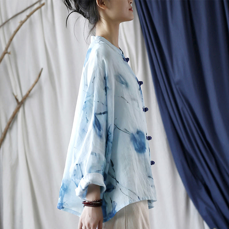 Tie Dye Blue Flowers Frog-Button Design Long Sleeve Ramie Linen Jacket Shirt
