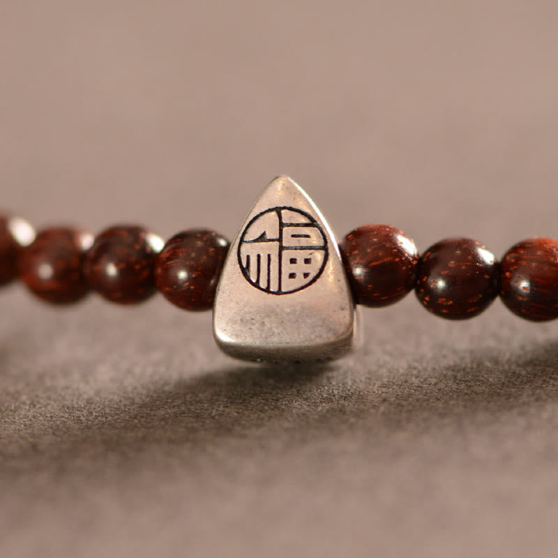 925 Sterling Silver Indian Small Leaf Red Sandalwood Fu Character Protection Triple Wrap Bracelet
