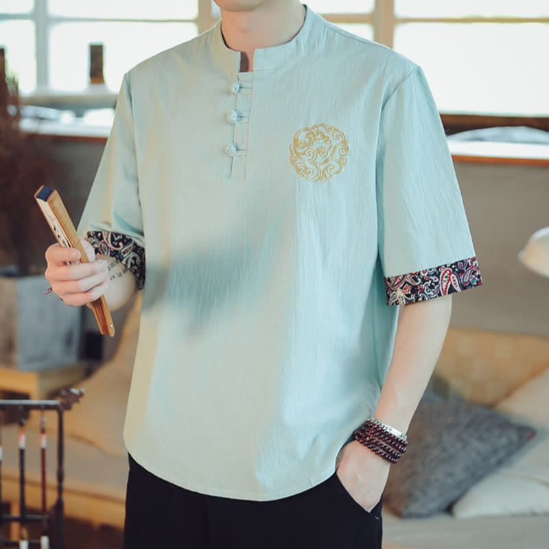 Frog-Button Dragon Embroidery Chinese Tang Suit Short Sleeve Shirt Linen Men Clothing