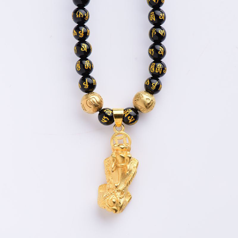 Grounding Black Onyx and Obsidian Om Mani Padme Hum Pixiu Pendant Necklace