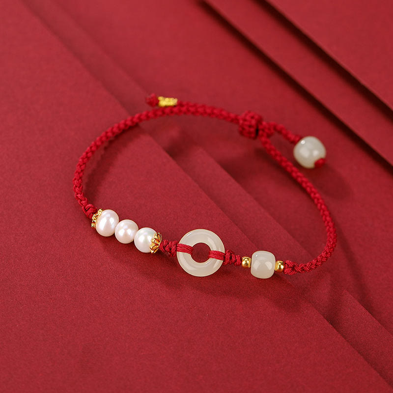 Hetian Jade Ping An Kou Pearl 925 Sterling Silver Gold Plated Red String Bracelet
