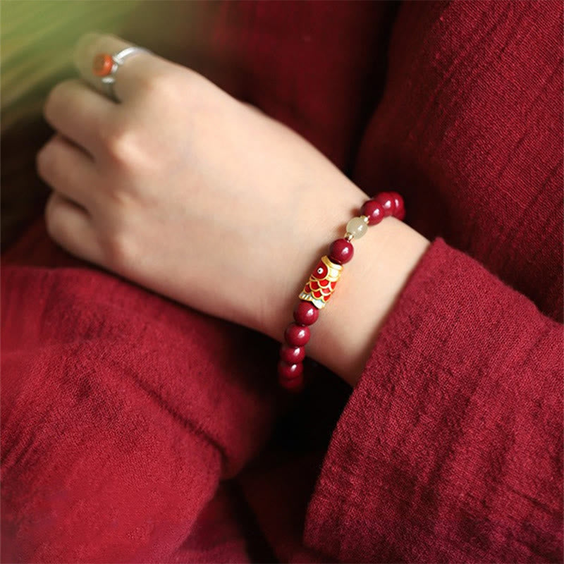 Natural Cinnabar & Hetian Jade Bead Bracelet with Koi Fish Symbol