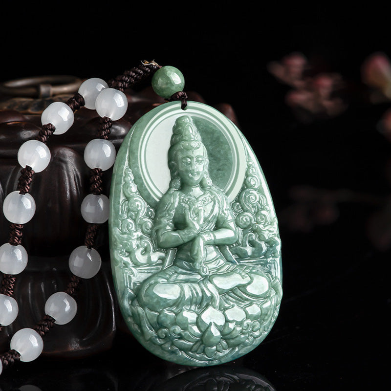Natural Jade Avalokitesvara Amulet Wealth Necklace Pendant
