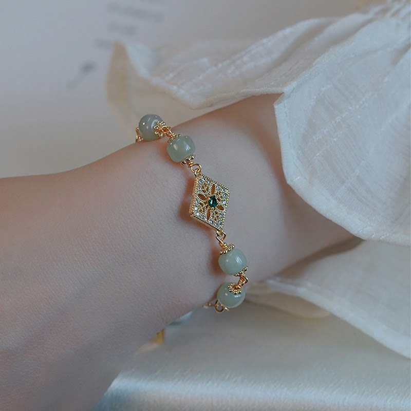 Handcrafted Natural Hetian Jade Bead Square Pattern Chain Bracelet