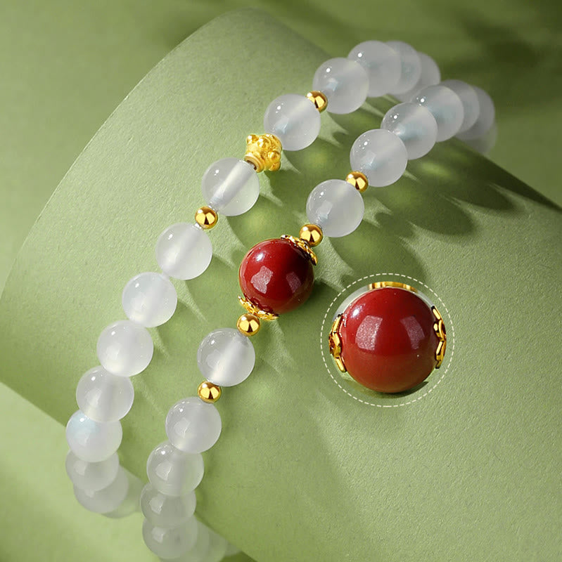 Natural White Agate and Cinnabar 925 Sterling Silver Double Wrap Bracelet