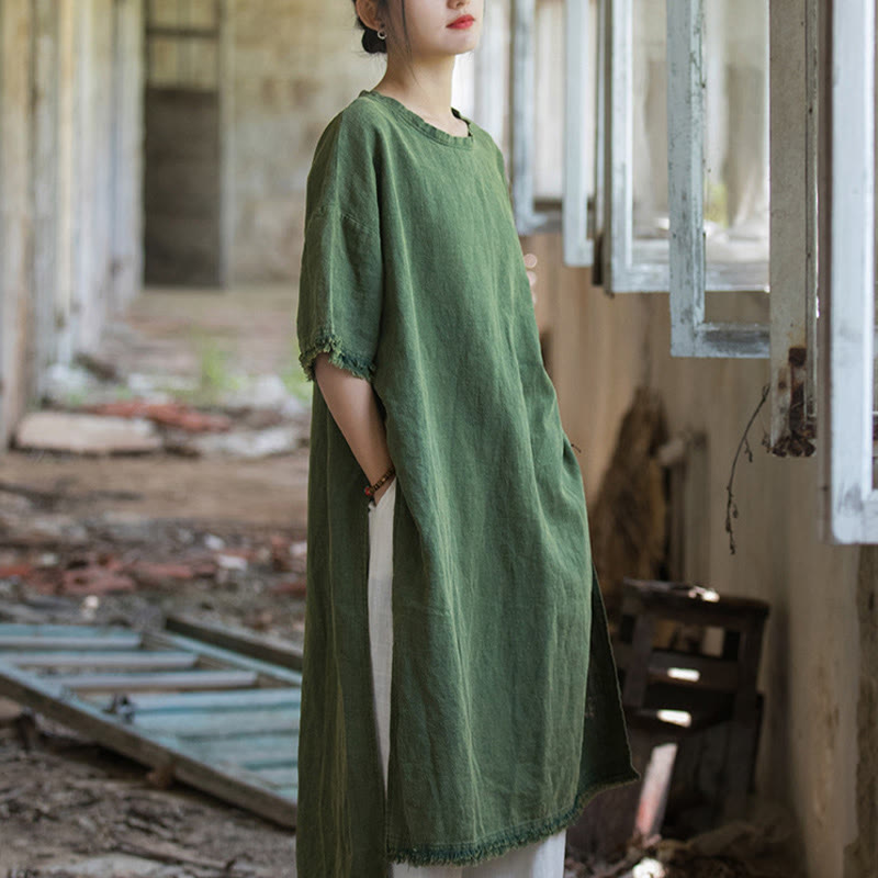 Mid Length Dress Ramie Linen Half Sleeve Split Hem Top T-Shirt