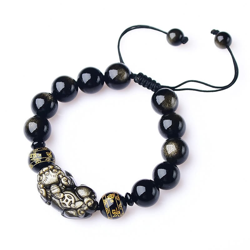 Natural Gold Sheen Obsidian Pixiu Om Mani Padme Hum Braided Bracelet