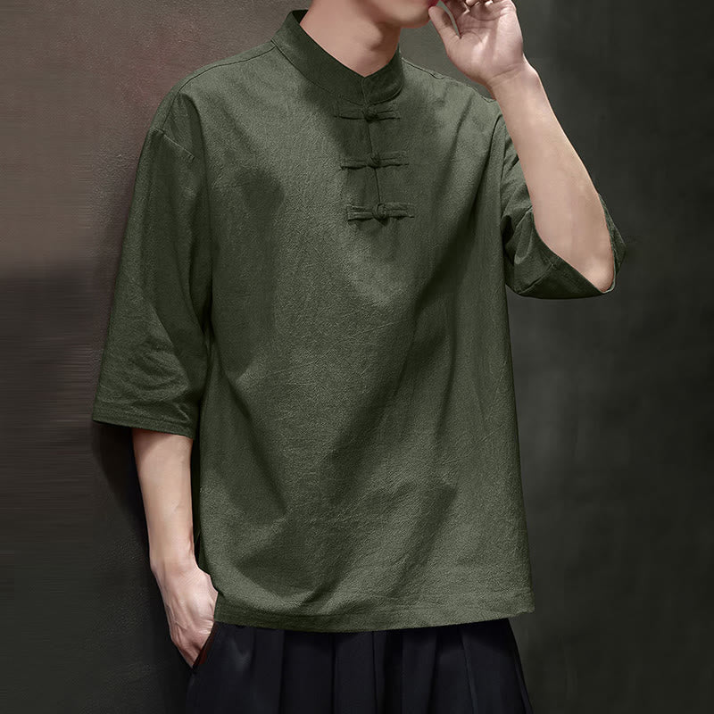 Cotton Linen Half-Sleeve Stand Collar Meditation Shirt