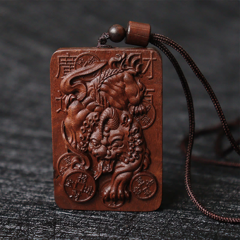 Natural Lightning Struck Jujube Wood PiXiu Copper Coin Good Fortune Necklace Pendant