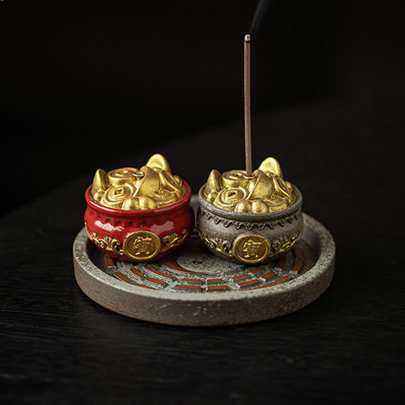 Ceramic Bagua Tray & Symbolic Wealth Vessel Stick Incense Burner