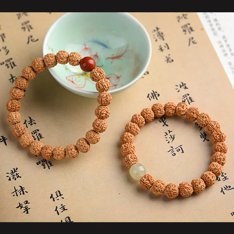 Tibetan Rudraksha & Bodhi Seed Bracelet with Hetian Jade and Gold Sheen Obsidian