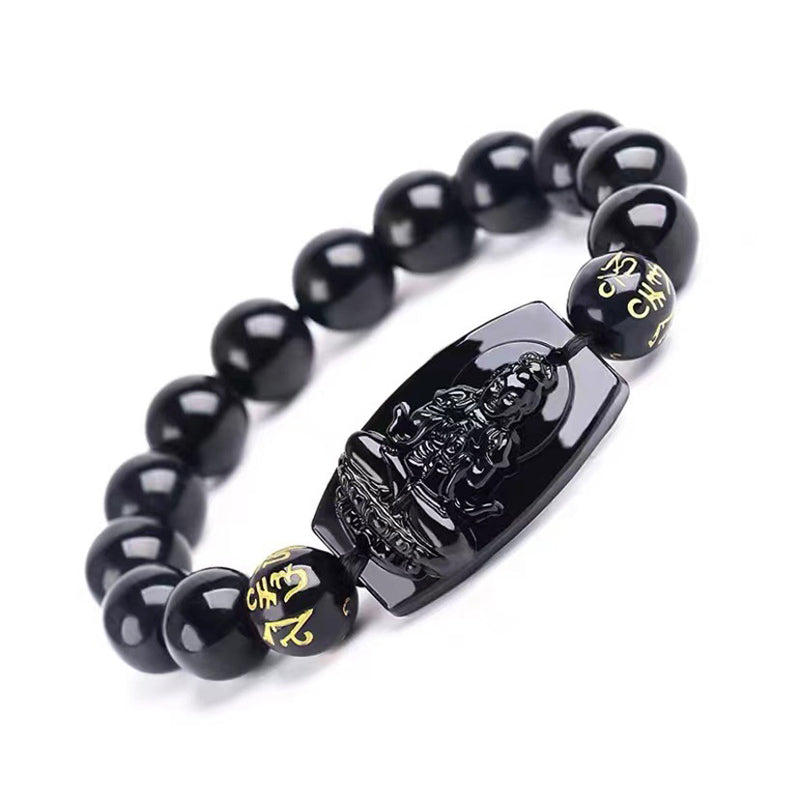 Hand-Carved Black Obsidian Om Mani Padme Hum Chinese Zodiac Beaded Bracelet