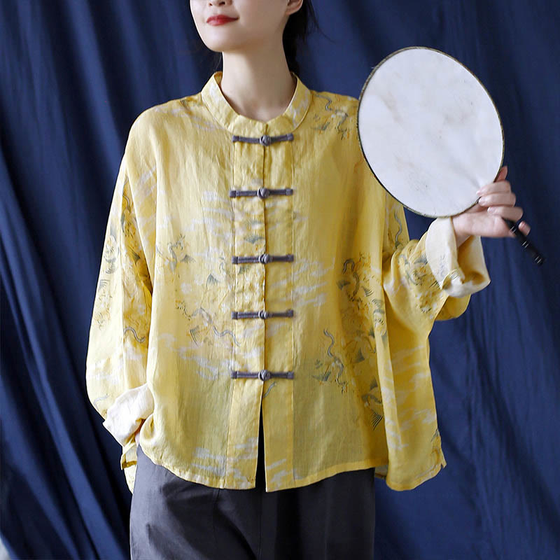 Yellow Phoenix Print Frog-button Design Long Sleeve Ramie Linen Jacket Shirt