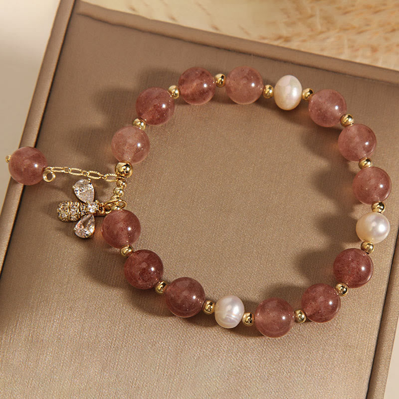 Strawberry Quartz and Pearl Beaded Bracelet with Zircon Honeybee Charm