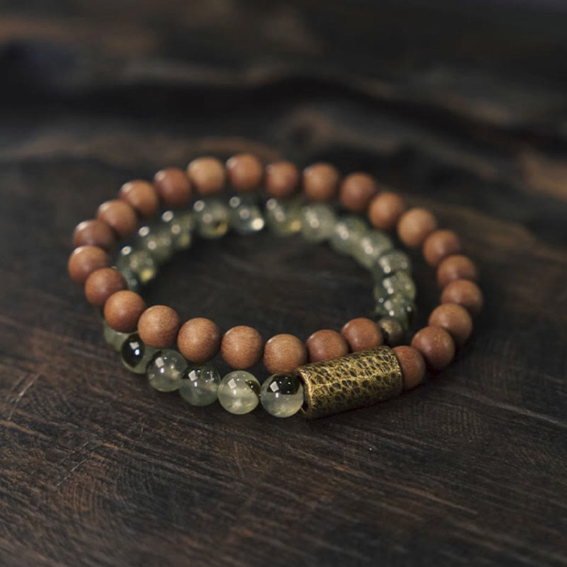 Natural Green Rutilated Quartz & Sandalwood Beaded Bracelet with Copper Accents
