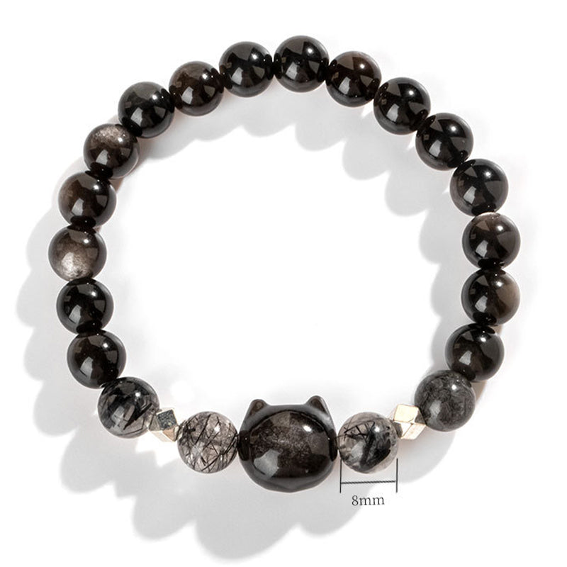 Natural Silver Sheen Obsidian Cute Cat Head Protection Bracelet