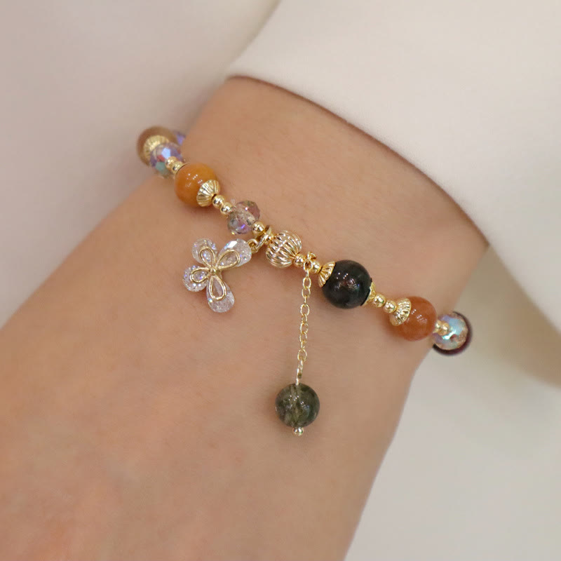 Natural Fu Lu Shou Rainbow Crystal Rutilated Quartz Wealth Butterfly Charm Bracelet