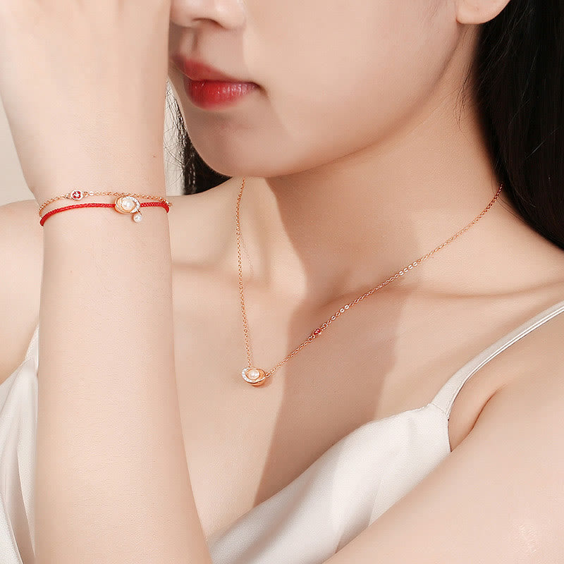 925 Sterling Silver Pearl Ingots Copper Coins Healing Necklace Pendant Red Rope Bracelet Set