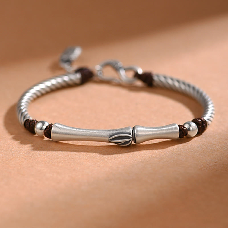 999 Fine Sterling Silver Bamboo Pattern and Cicada Engraved Open Cuff Bracelet