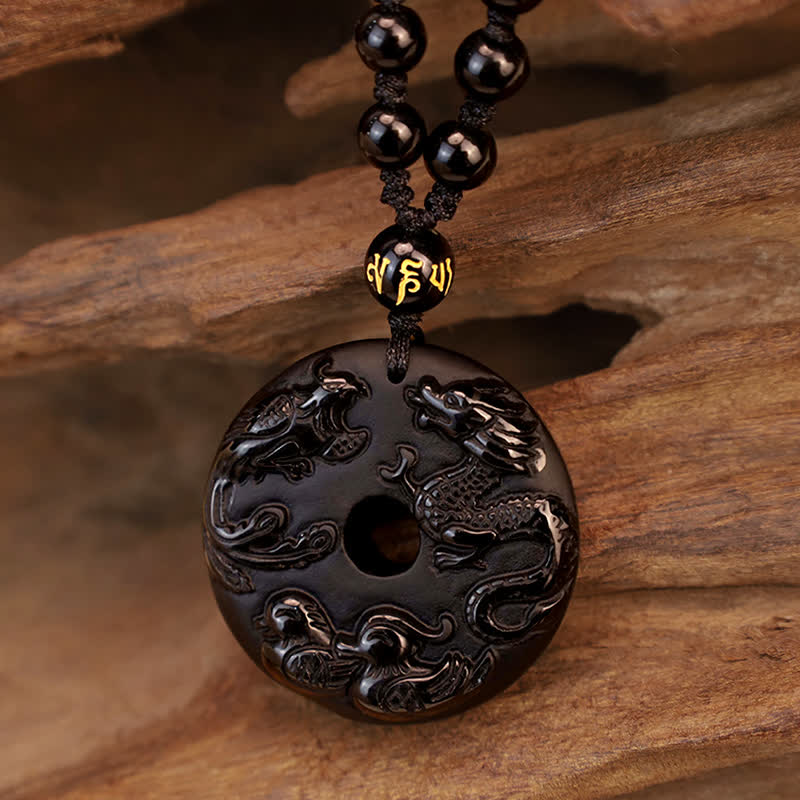 Black Obsidian Dragon Phoenix Mandarin Duck Luck Protection Necklace Pendant