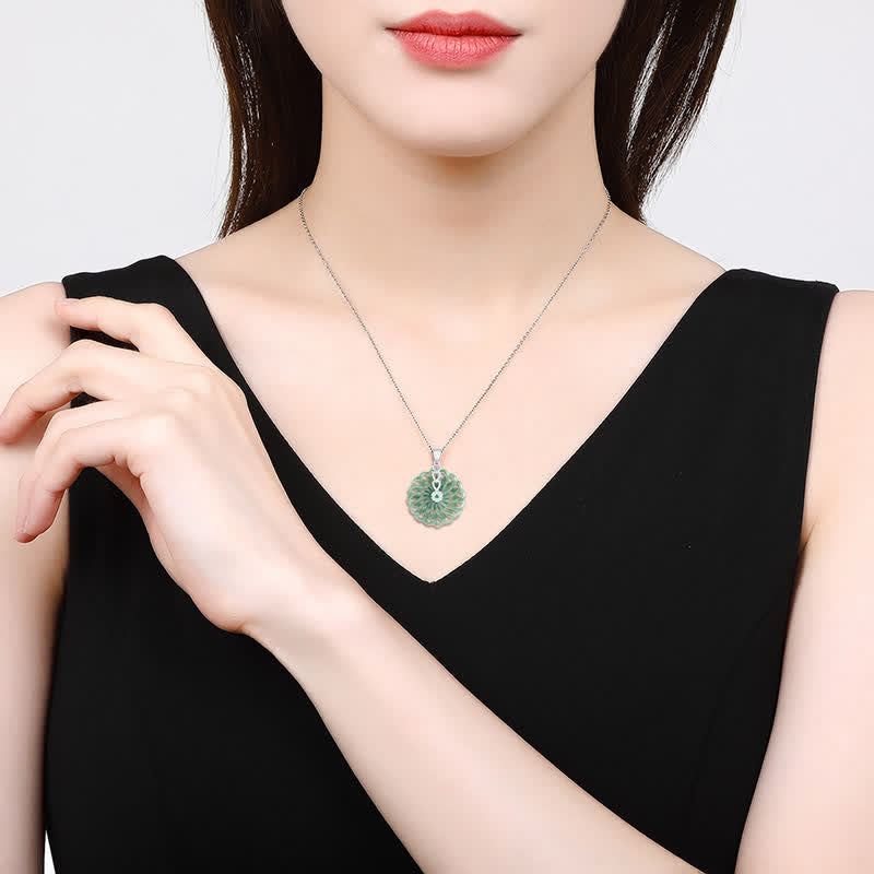 925 Sterling Silver Natural Round Jade Peace Buckle Abundance Necklace Pendant