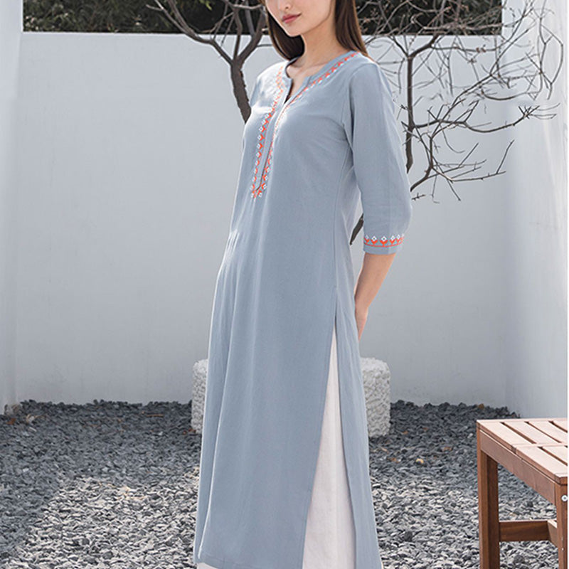 2Pcs V-neck Embroidery Yoga Clothing Zen Meditation Cotton Linen Top Pants Women's Set
