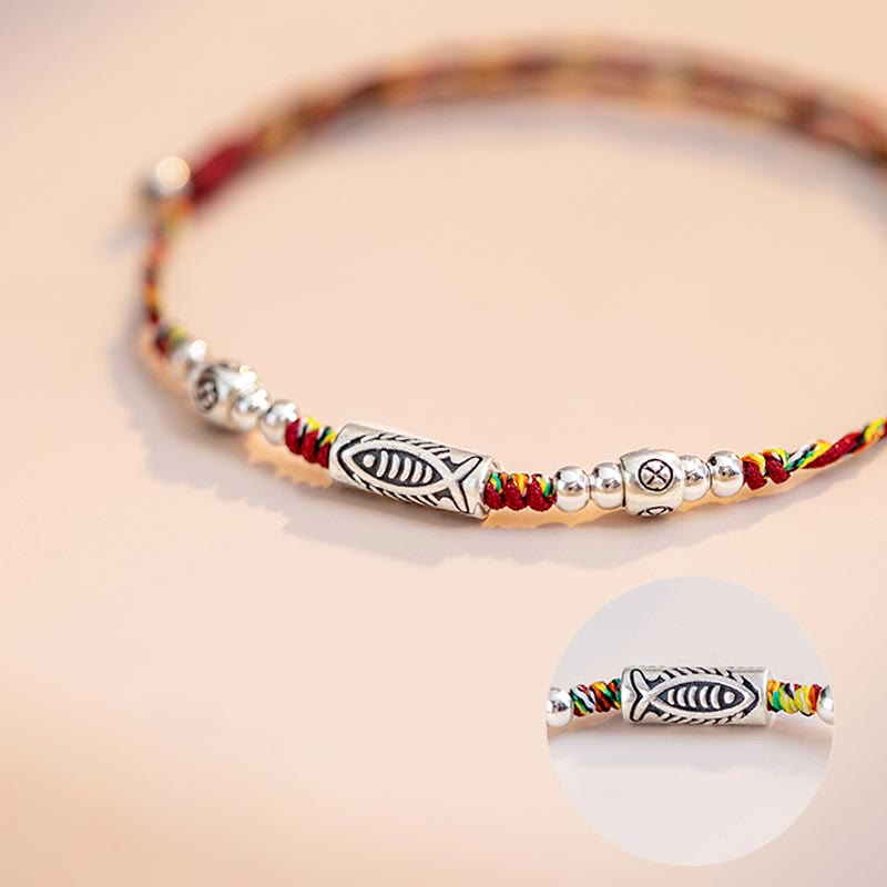 Braided Red String & 925 Sterling Silver Koi Fish Adjustable Bracelet Anklet