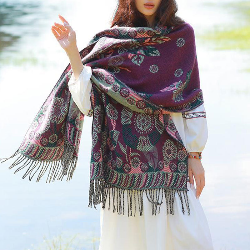 Tibetan Flower Floral Leaves Pattern Design Shawl Cozy Travel Scarf Wrap