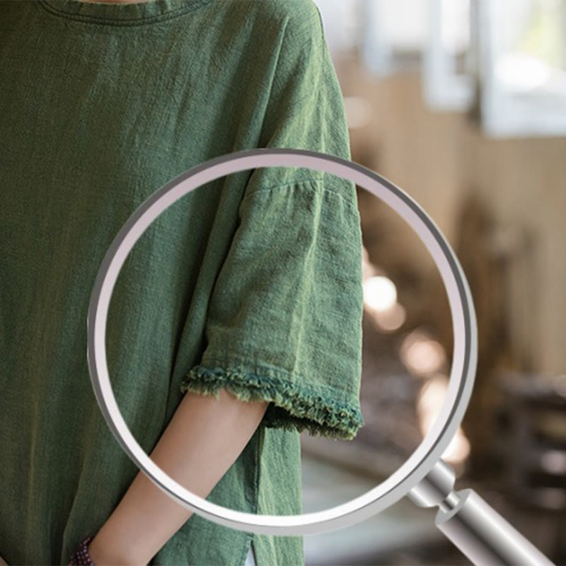 Mid Length Dress Ramie Linen Half Sleeve Split Hem Top T-Shirt