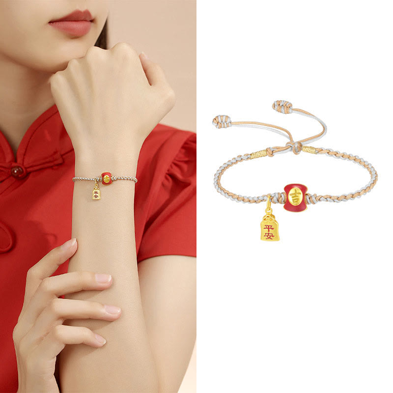Handmade 925 Sterling Silver Blessing Character Braided Red String Bracelet