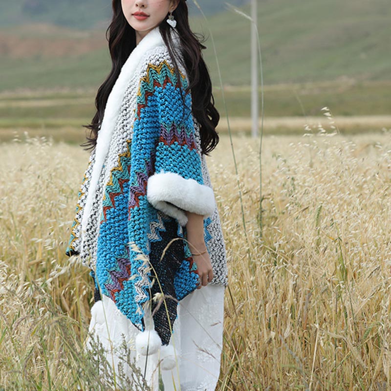 Tibetan Multicolored Wavy Lines Knitted Striped Shawl Coat Winter Cozy Travel Scarf Wrap