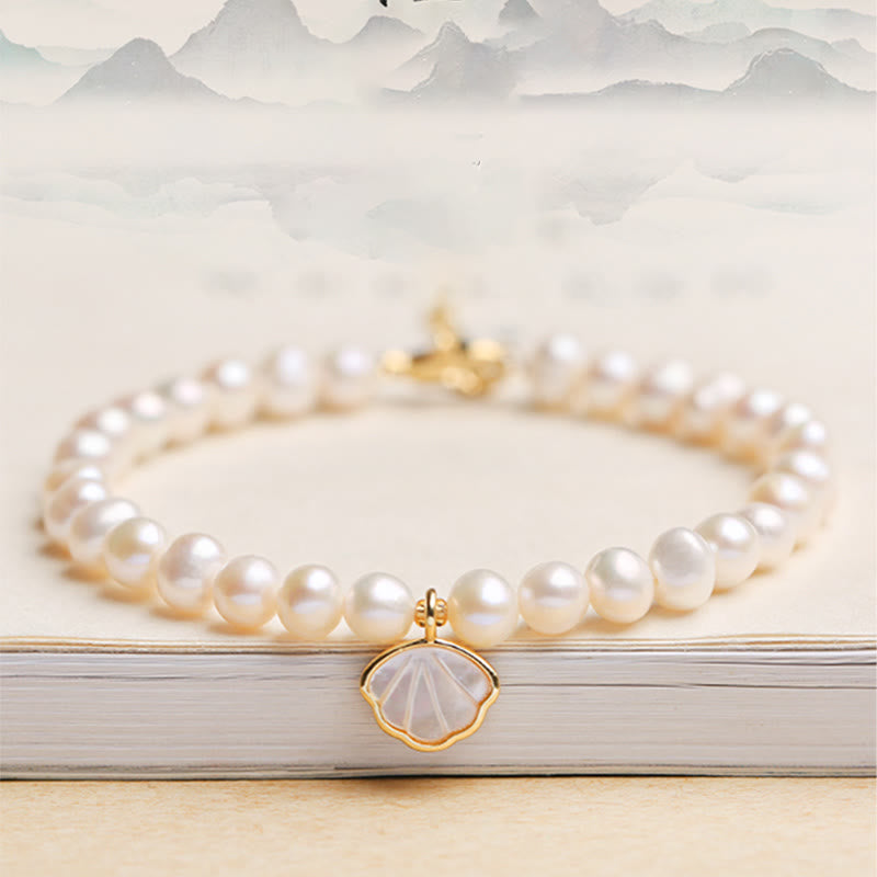 14K Gold Plated Natural Pearl & Seashell Charm Bead Bracelet with Amethyst or Red Agate