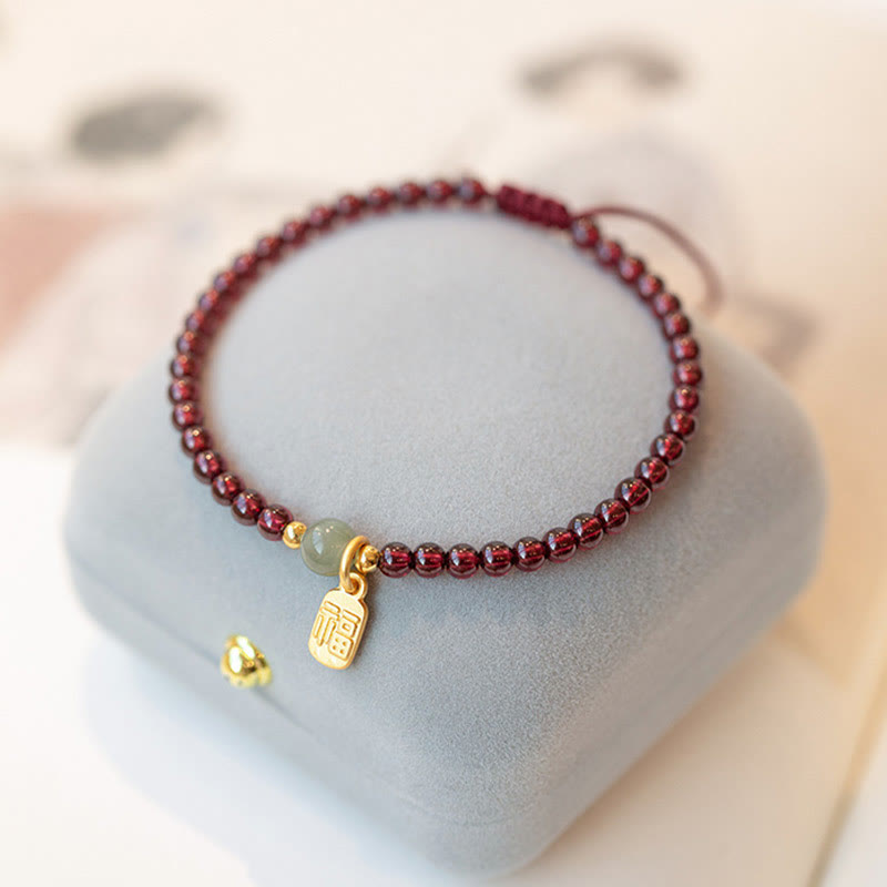 Natural Jade & Strawberry Quartz Garnet Fu Prosperity Character Beaded Bracelet
