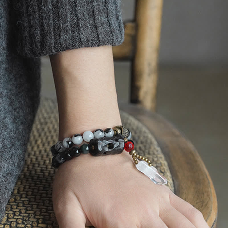 Black Rutilated Quartz, Ebony Wood, Obsidian & Clear Quartz Copper Couple Bracelet