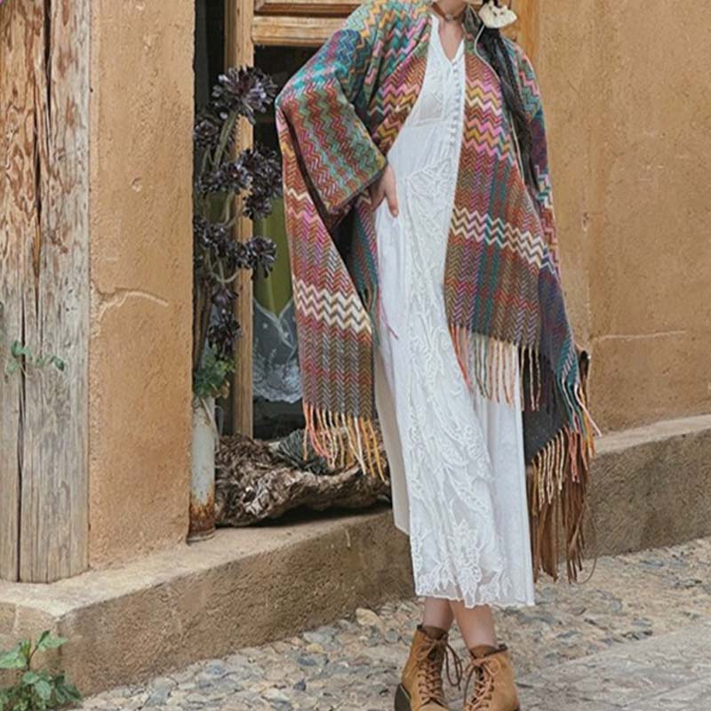 Tibetan Shawl Colorful Wavy Striped Shapes Tassels Winter Cozy Travel Scarf Wrap