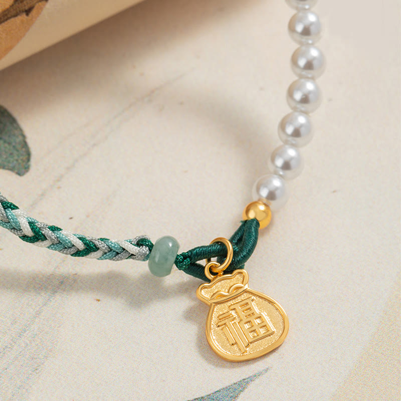 925 Sterling Silver Hetian Jade & Pearl Fu Wealth Bag Adjustable Rope Bracelet