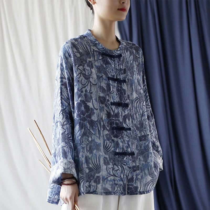 Ramie Linen Floral Stand Collar Meditation Jacket Shirt