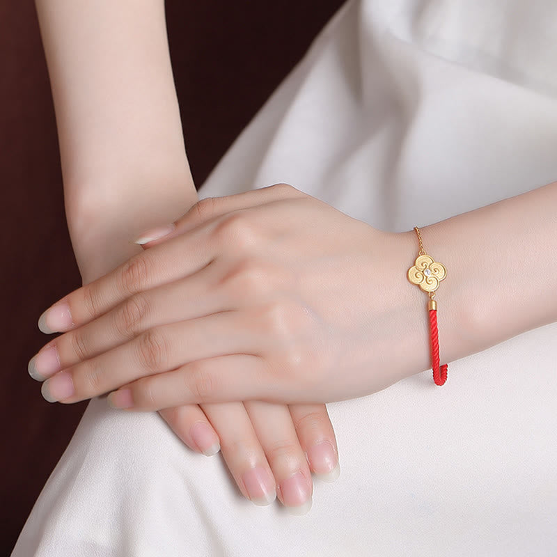 Handmade Red String Bracelet with Gold Plated 925 Sterling Silver Four-Leaf Clover and Zircon