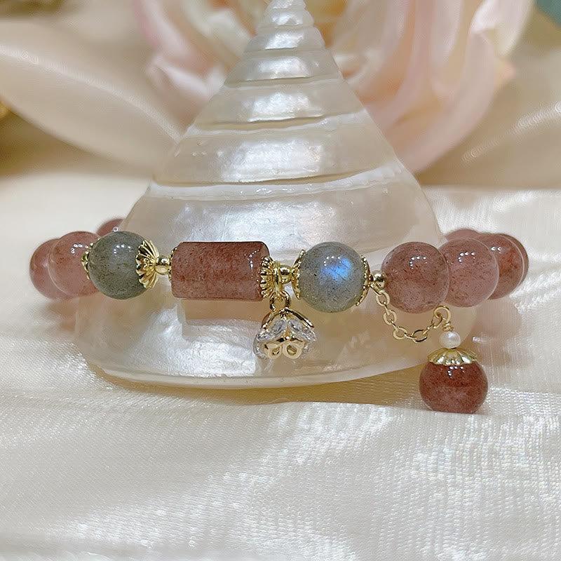 Natural Strawberry Quartz and Moonstone Stretch Gemstone Bracelet