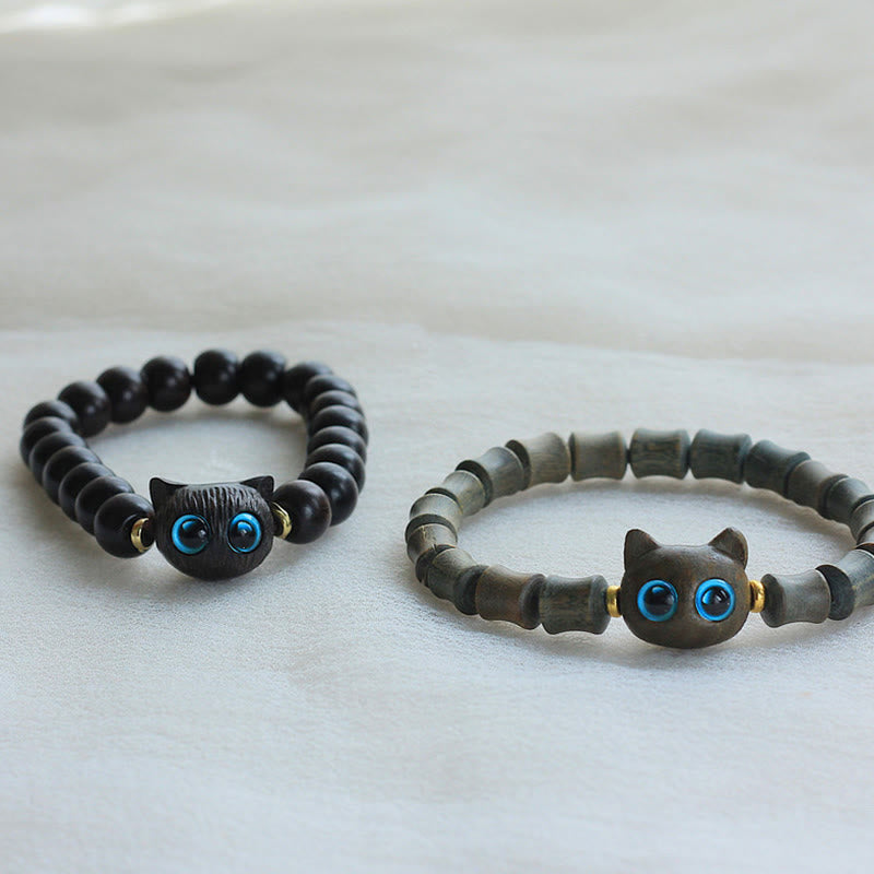 Hand-Carved Wooden Cat Peace Charm Bracelet in Ebony or Sandalwood