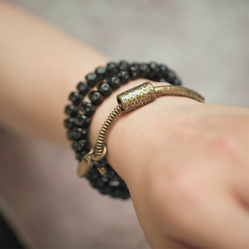 Retro Coconut Shell with Brass and Copper Accents Triple Wrap Bracelet