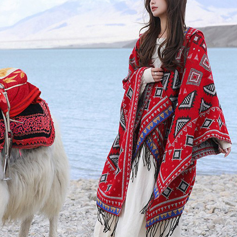 Tibetan Shawl Triangle Pattern Hooded Cloak Winter Cozy Travel Scarf Wrap